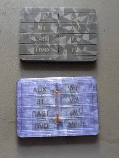 Ergebnis vom Lasern. Graues Panel mit weißer Schrift und violett-transparentes Panel mit schwarzer Schrift. Ergebnis vom Lasern. Graues Panel mit weißer Schrift und violett-transparentes Panel mit schwarzer Schrift.